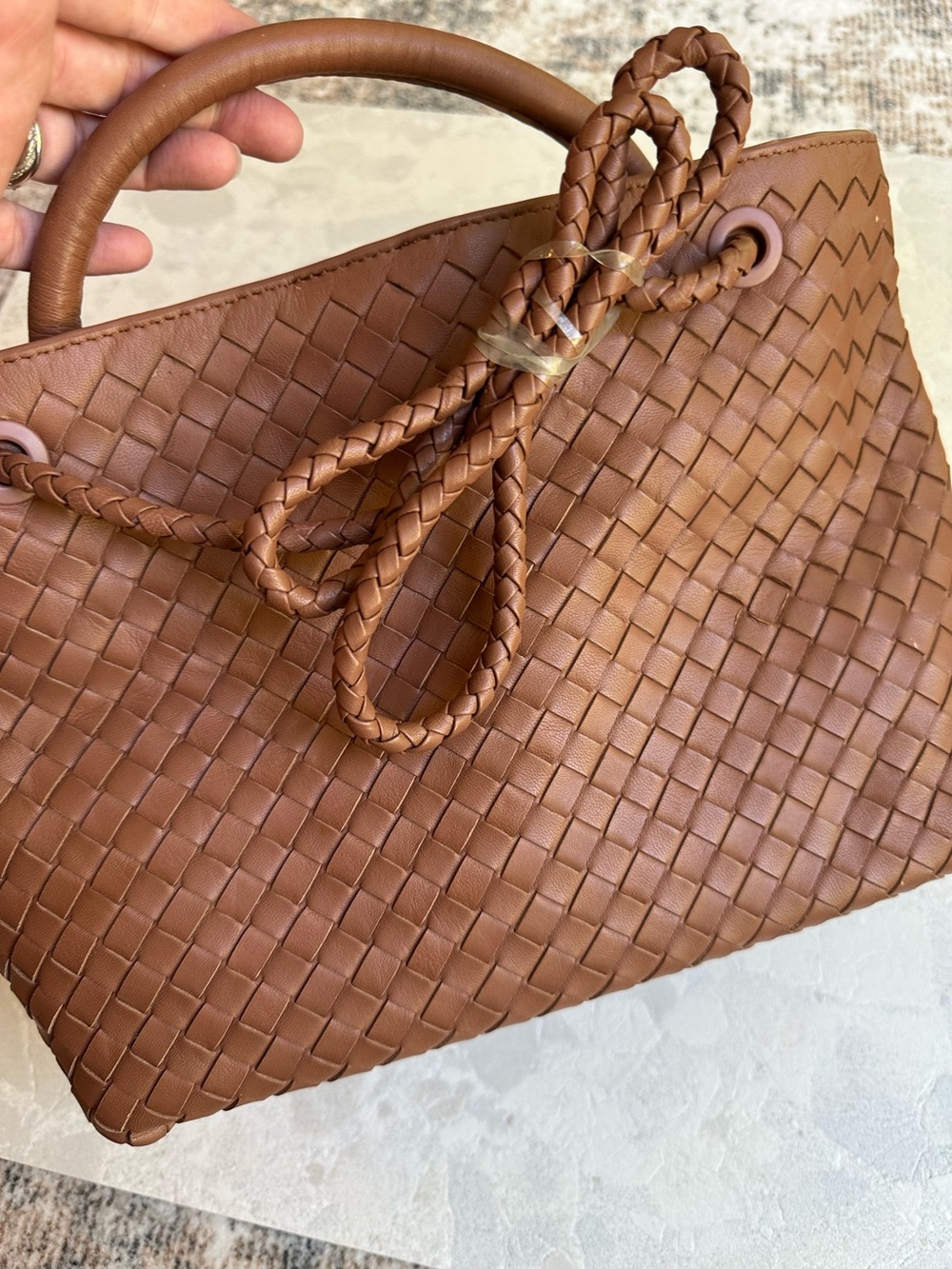 Quince Italian Leather Handwoven Large Satchel Cognac Color - Picture 10 of 14